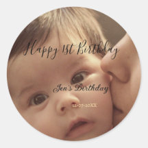 Happy 1st birthday name photo date stylish calligr