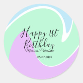 Sticker Rond Happy 1st birthday pink green blue acrylic pour 