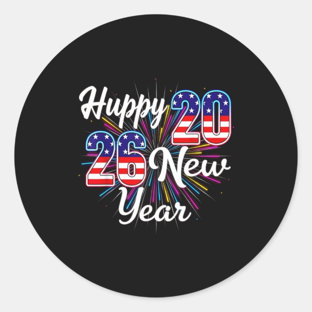 Sticker Rond Happy 2026 New Year Patriotic Fireworks Design Par (Devant)