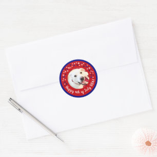 Sticker Rond Happy 4 juillet USA Funny Smiling Chien Photo