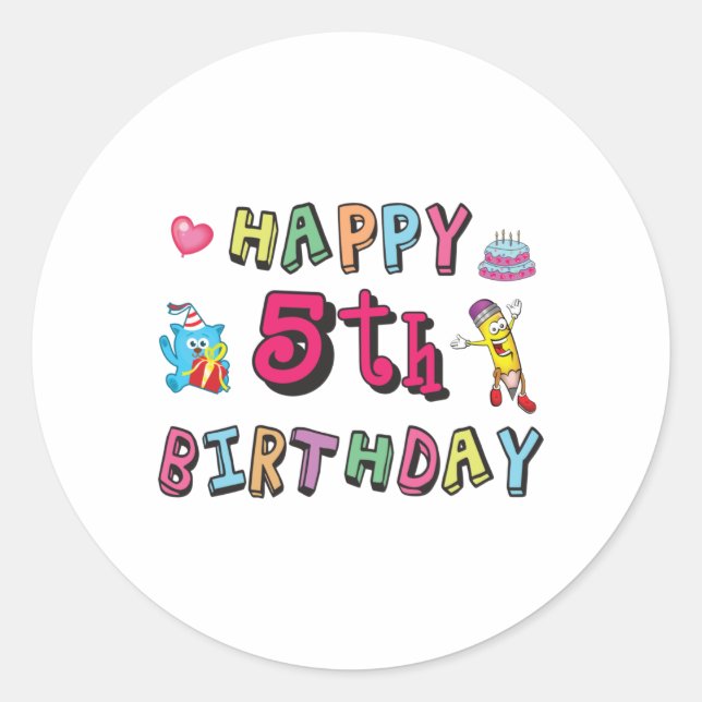 Sticker Rond Happy 5th Birthday 5 year old b-day wishes (Devant)