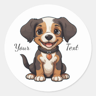 Sticker Rond Happy Animated Puppy Illustration Customizable