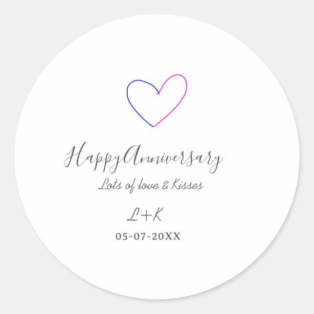 Sticker Rond Happy anniversary pink blue heart name date simple (Devant)