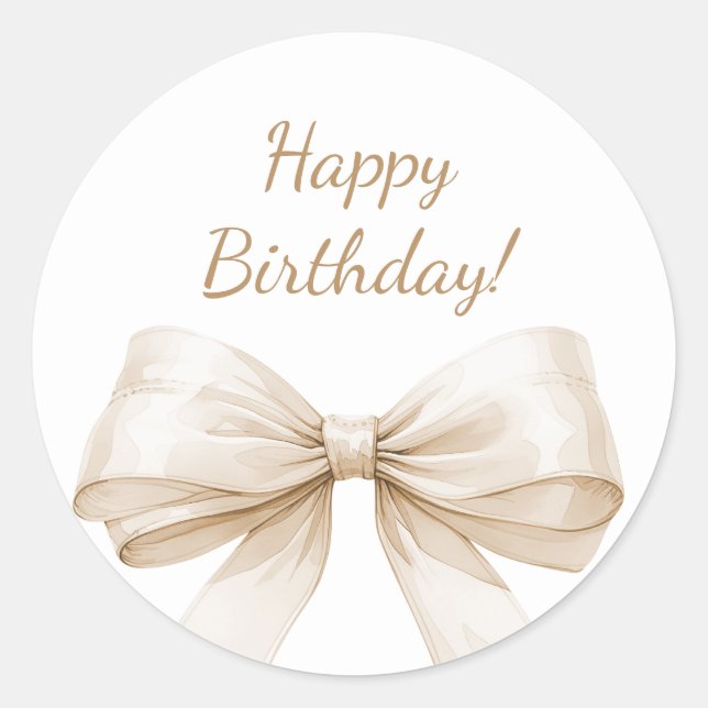 Sticker Rond Happy Birthday Bow Ivory Beige elegant (Devant)
