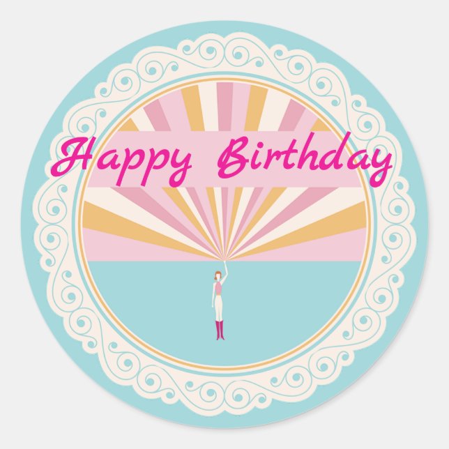 Sticker Rond Happy Birthday Fun Party Cup, Pink Rainbow (Devant)