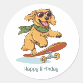 Sticker Rond Happy Birthday Golden Retriever Dog Skateboarding
