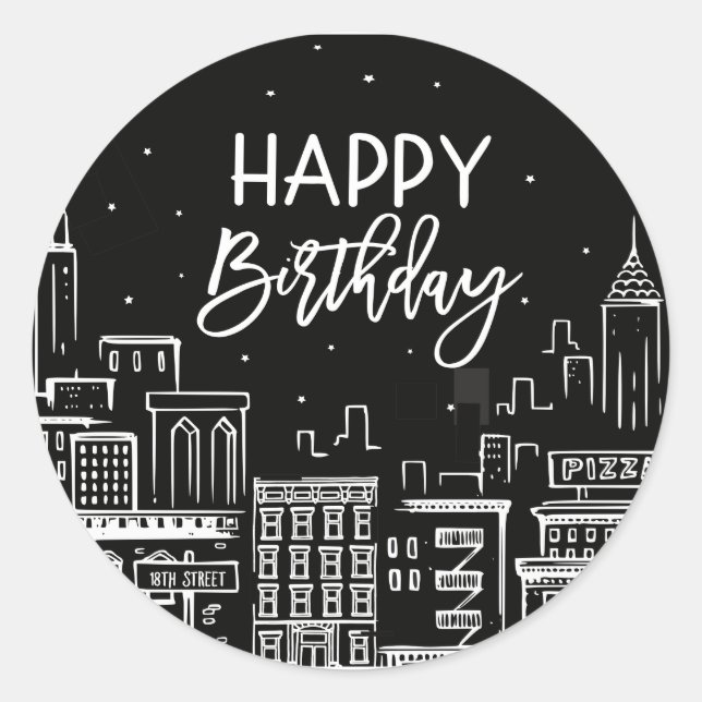 Sticker Rond Happy Birthday Night City Scape (Devant)