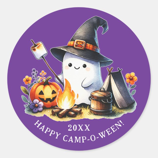 Sticker Rond Happy Camp-o-ween Ghost Camping Halloween violet (Devant)