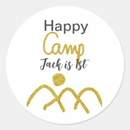 Sticker Rond Happy camping camper one birthday kids golden sun