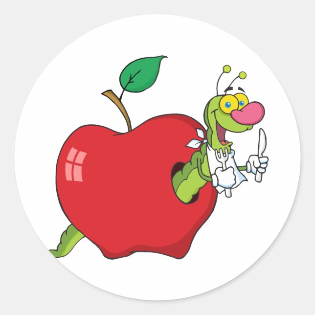 Sticker Rond Happy Cartoon Worm In Apple (Devant)