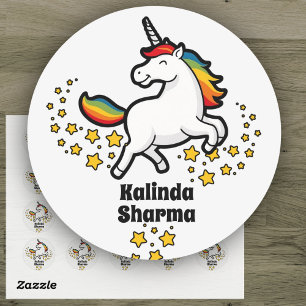 Sticker Rond Happy Cute Rainbow Unicorn Nom de l'étudiant Étiqu