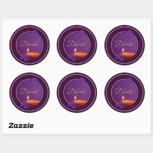 Sticker Rond Happy Diwali Diya bougie Purple Gold Papier