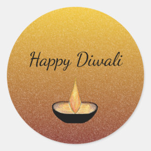 Sticker Rond Happy Diwali Gold Parties scintillant Diya Flamme 