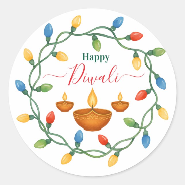 Sticker Rond Happy Diwali Lights et Diyas Design (Devant)