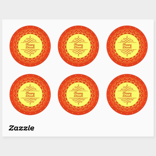 Sticker Rond Happy Diwali Orange Cream Mandala Modern (Feuille)