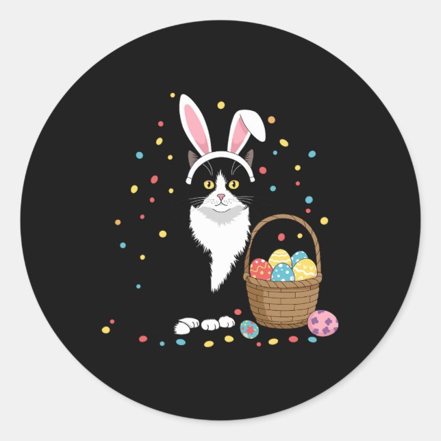 Sticker Rond Happy Easter Day Black Cat Rabbit Ears Easter Eggs (Devant)