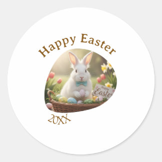 Sticker Rond Happy Easter white bunny year photo family name 