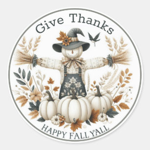 Sticker Rond Happy Fall Ya'll Give Thanks mignon Scarecrow