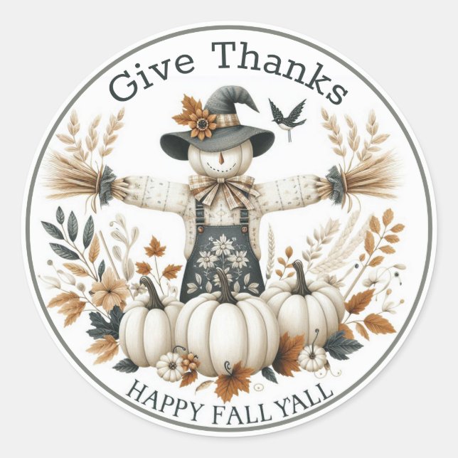 Sticker Rond Happy Fall Ya'll Give Thanks mignon Scarecrow (Devant)