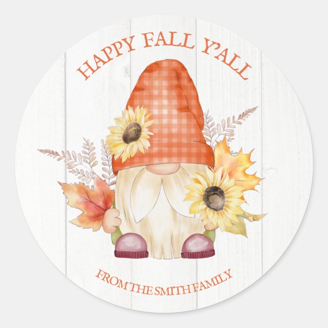 Sticker Rond Happy Fall Y'All Gnome (Devant)