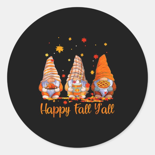 Sticker Rond Happy Fall Y'all Gnome Pumpkin Autumn Thanksgiving (Devant)