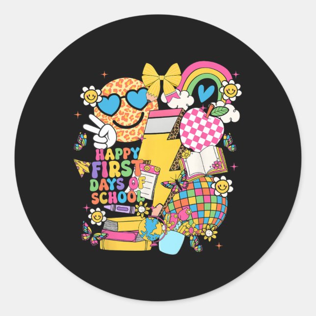 Sticker Rond Happy First Day Of School Pencil Lightning Bolt Gr (Devant)
