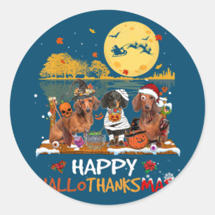 Sticker Rond Happy Hallothanksmas Halloween Thanksgiv