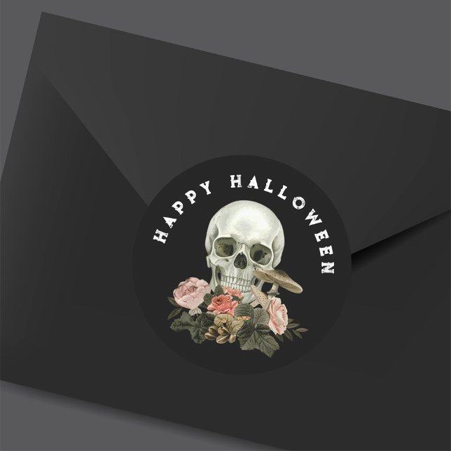Sticker Rond Happy Halloween Black Skull Pink Floral (Créateur téléchargé)
