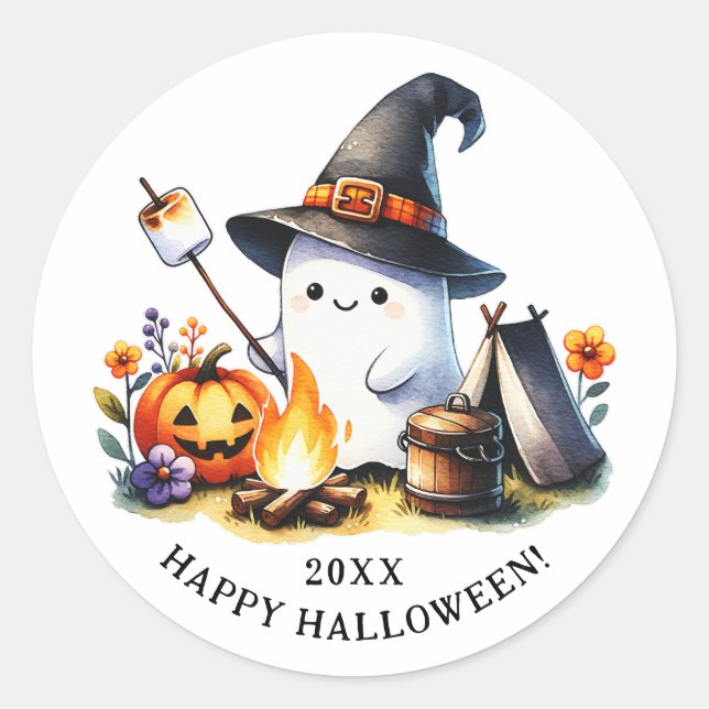 Sticker Rond Happy Halloween Camping Cute Ghost (Devant)