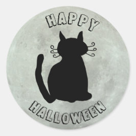 Sticker Rond Happy Halloween Chat noir et Pleine lune