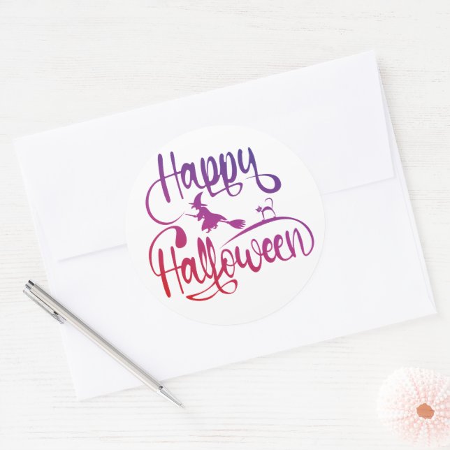 Sticker Rond Happy Halloween dégradé volant sorcière chat (Enveloppe)