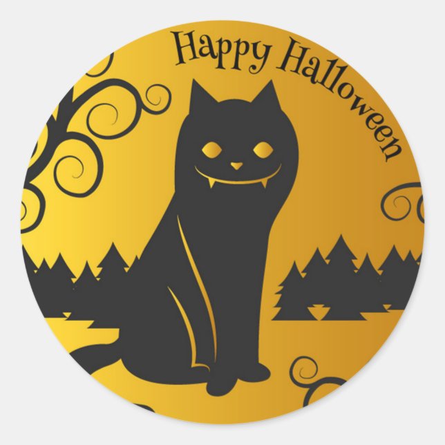 Sticker Rond Happy Halloween Éffrayant Chat noir | Sceau à coll (Devant)