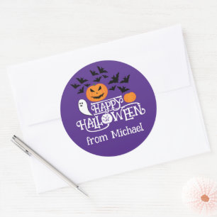 Sticker Rond Happy Halloween fantôme citrouille chauves-souris