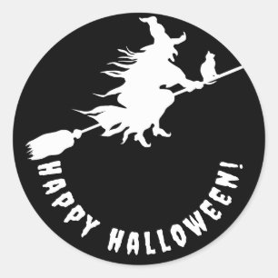 Sticker Rond Happy halloween noir blanc sorcière