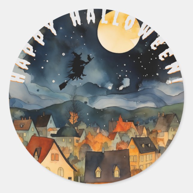 Sticker Rond Happy halloween noir blanc sorcière (Devant)