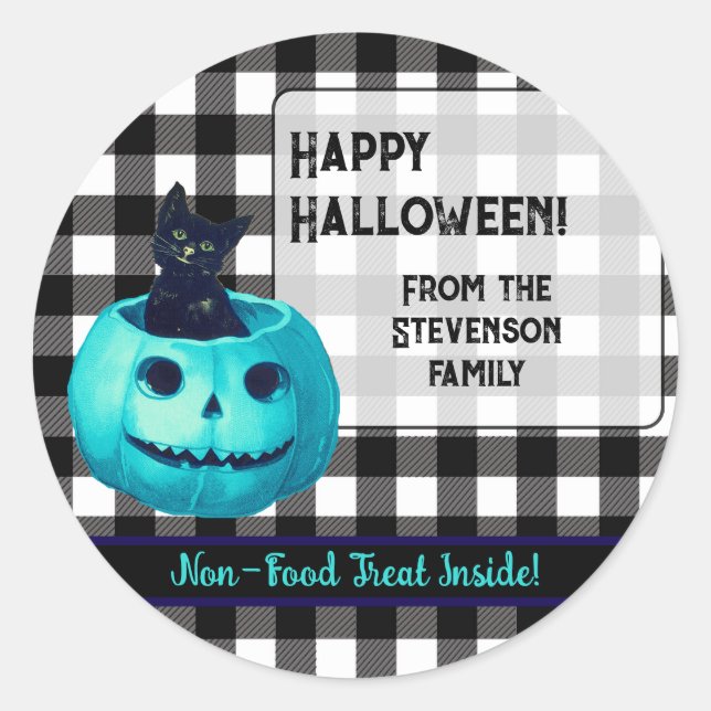 Sticker Rond Happy Halloween Turquoise Citrouille et Plaid (Devant)