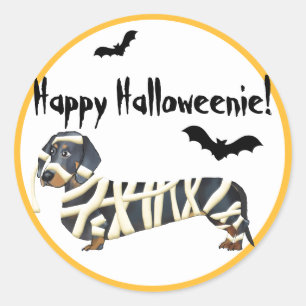 Sticker Rond Happy Halloweenie Halloween Dachshund Mummy