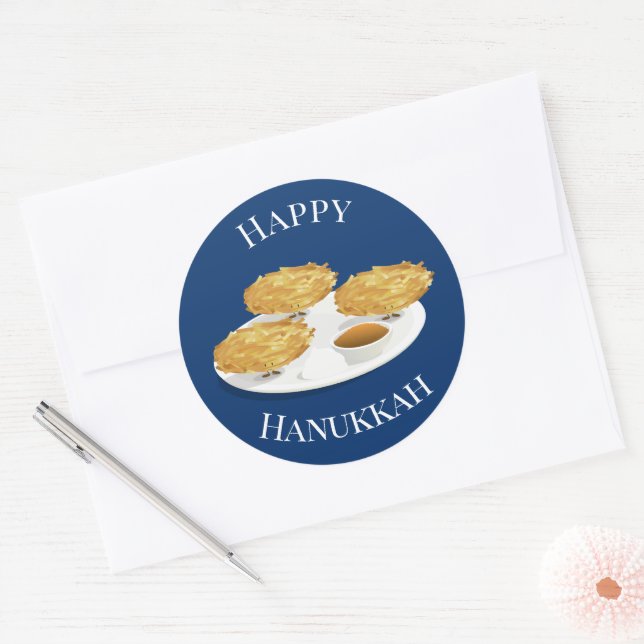 Sticker Rond Happy Hanoukka Cartoon Latkes Pomme Sauce (Enveloppe)