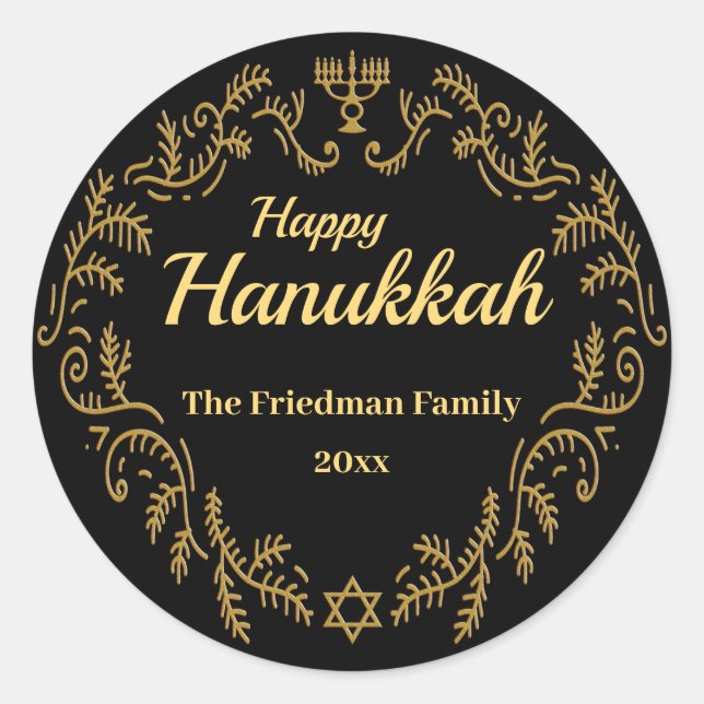 Sticker Rond Happy Hanoukka Menorah Gold Frame sur Black (Devant)