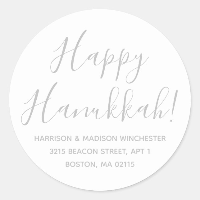Sticker Rond Happy Hanoukka white grey script adresse de retour (Devant)