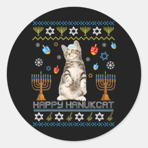 Sticker Rond Happy Hanukcat Ugly Hanoukka Maine Coon Chat