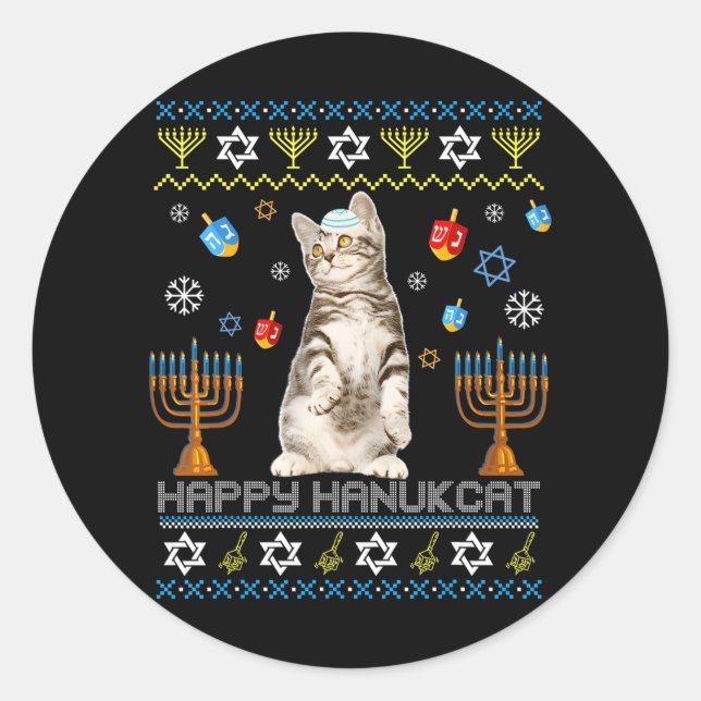 Sticker Rond Happy Hanukcat Ugly Hanoukka Maine Coon Chat (Devant)