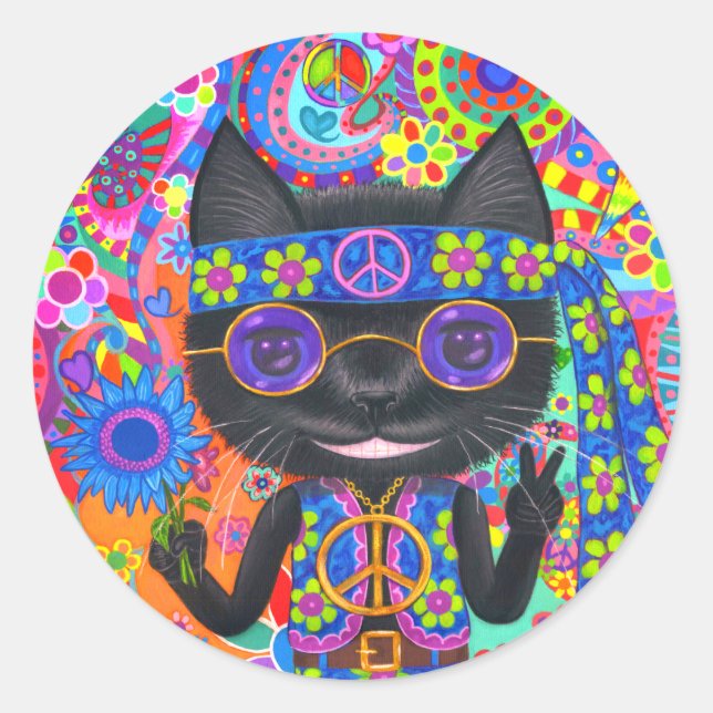 Sticker Rond Happy Hippie Chat Lunettes de soleil Paix Signale  (Devant)