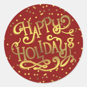 Sticker Rond Happy Holidays Gold Foil Confetti Rouge