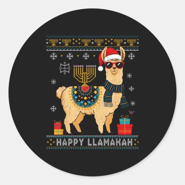 Sticker Rond Happy Llamakah Funny Ugly Hanukkah Sweater Llama P (Devant)