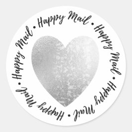 Sticker Rond Happy Mail ・ Coeur Timbre Faux Silver Foil