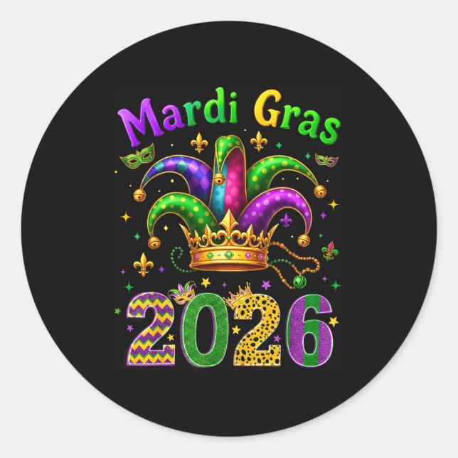 Sticker Rond Happy Mardi Gras 2026 Jester Hat Men Women Kid Car (Devant)