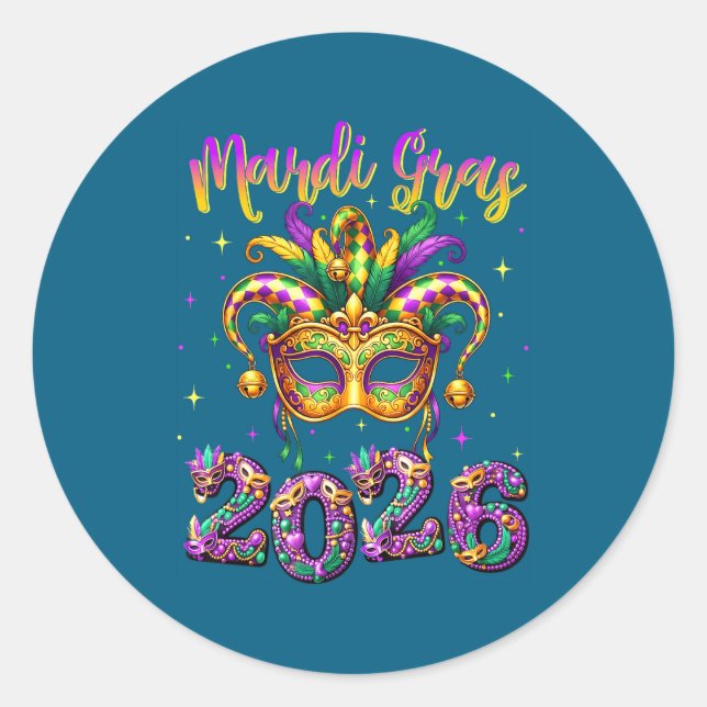 Sticker Rond Happy Mardi Gras Carnival 2026 Jester Hat Men Wome (Devant)