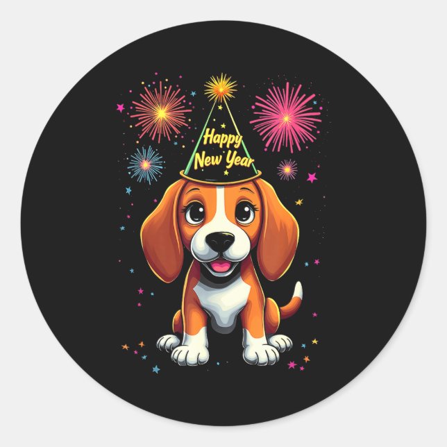 Sticker Rond Happy New Year 2025 Eve Firework Dog Funny Beagle  (Devant)