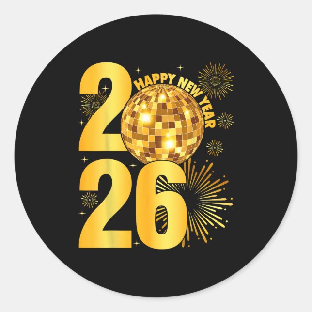 Sticker Rond Happy New Year 2026 Coquette Bow Disco Ball New Ye (Devant)